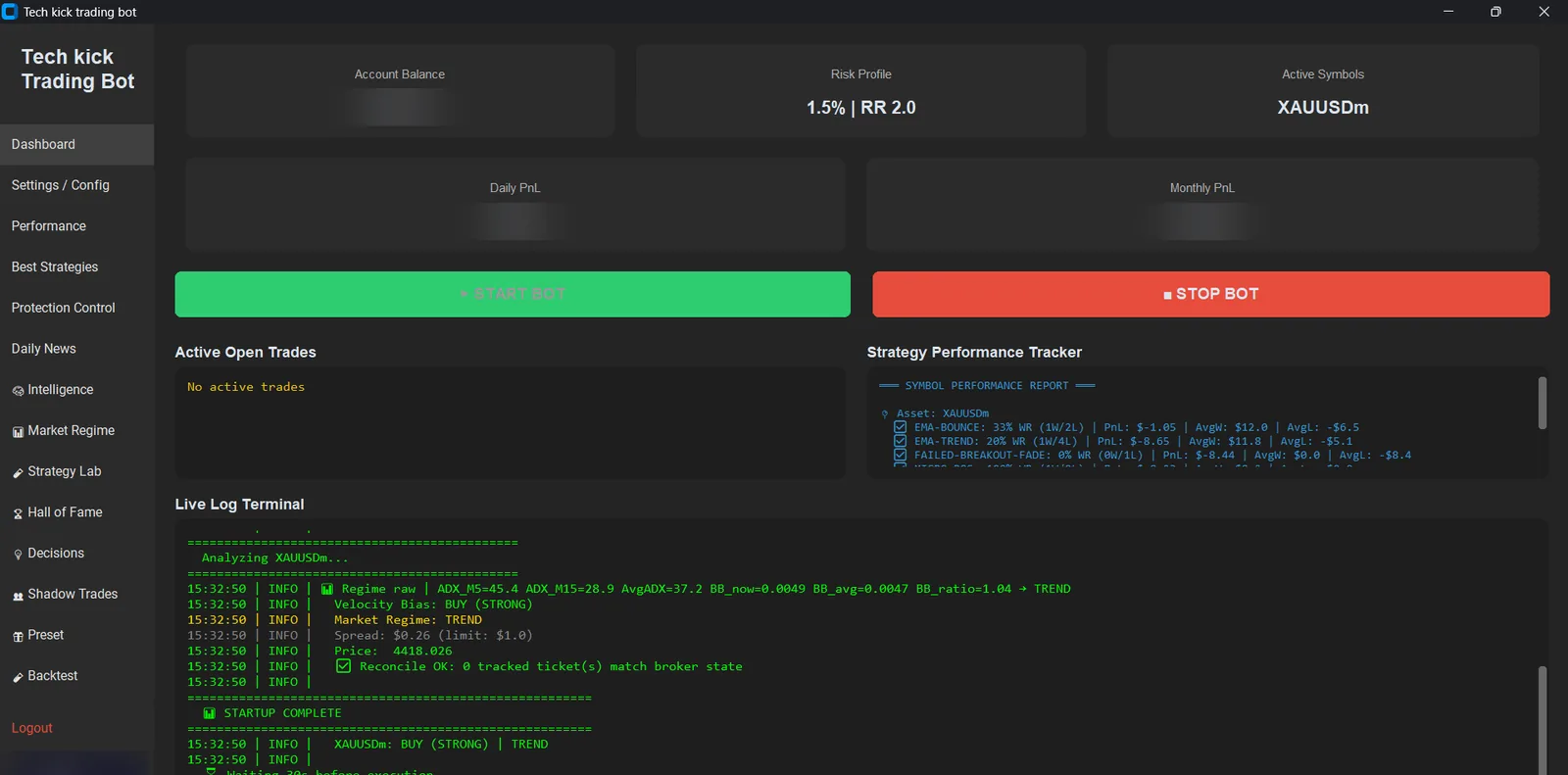 Tech Kick Bot desktop dashboard showing the live log, open trades and the strategy performance tracker