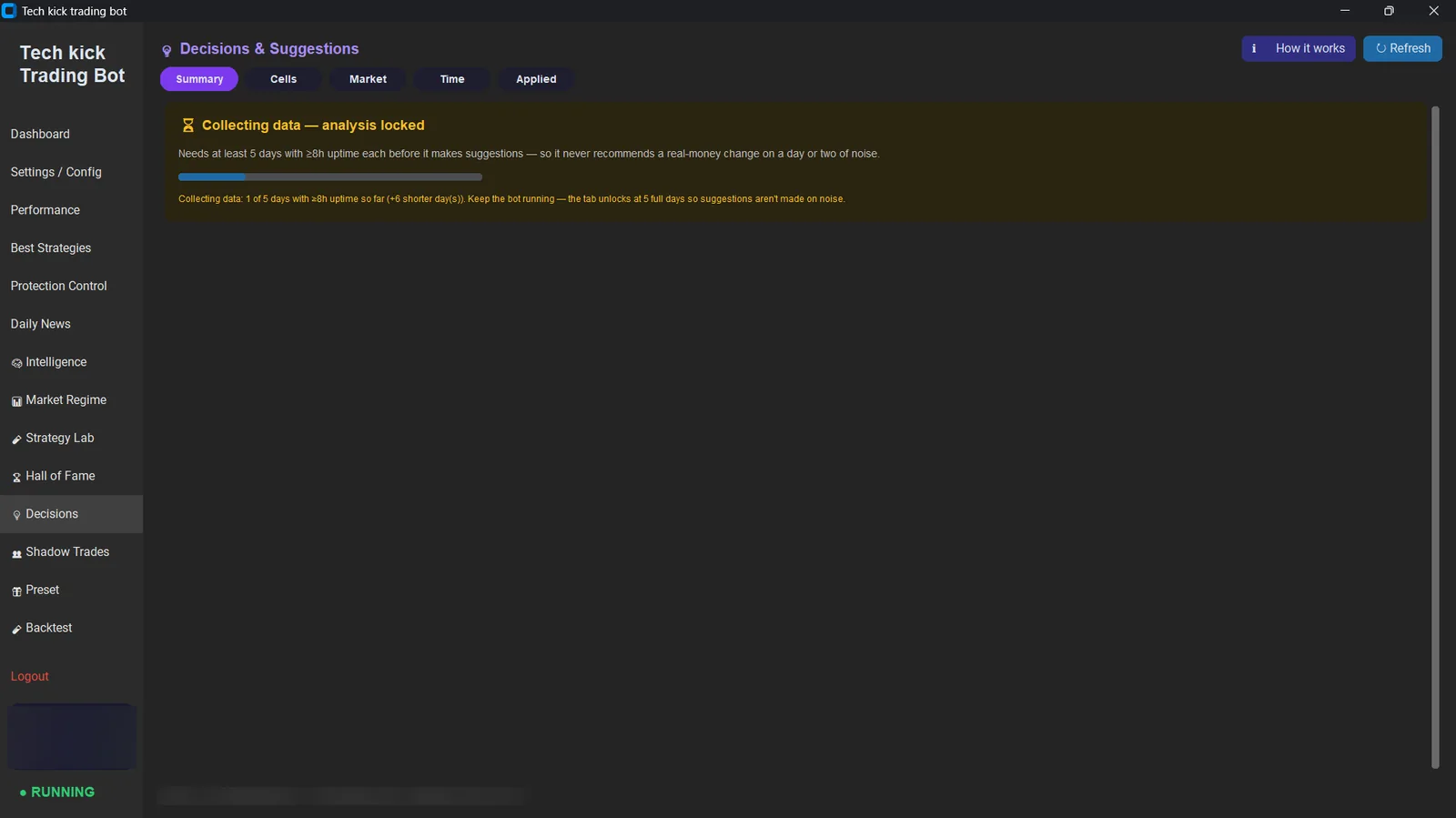 Decisions screen showing analysis locked until five qualifying days of data are collected