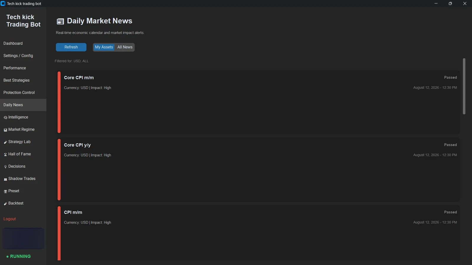 Daily market news screen listing high-impact economic events with currency and impact rating