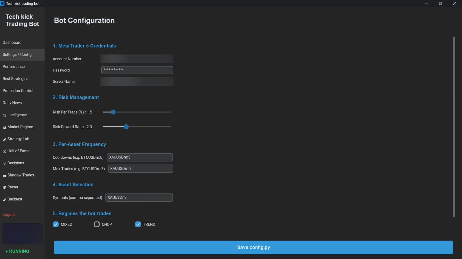 Bot configuration screen with MT5 credentials, risk per trade, reward-to-risk ratio and market regime selection