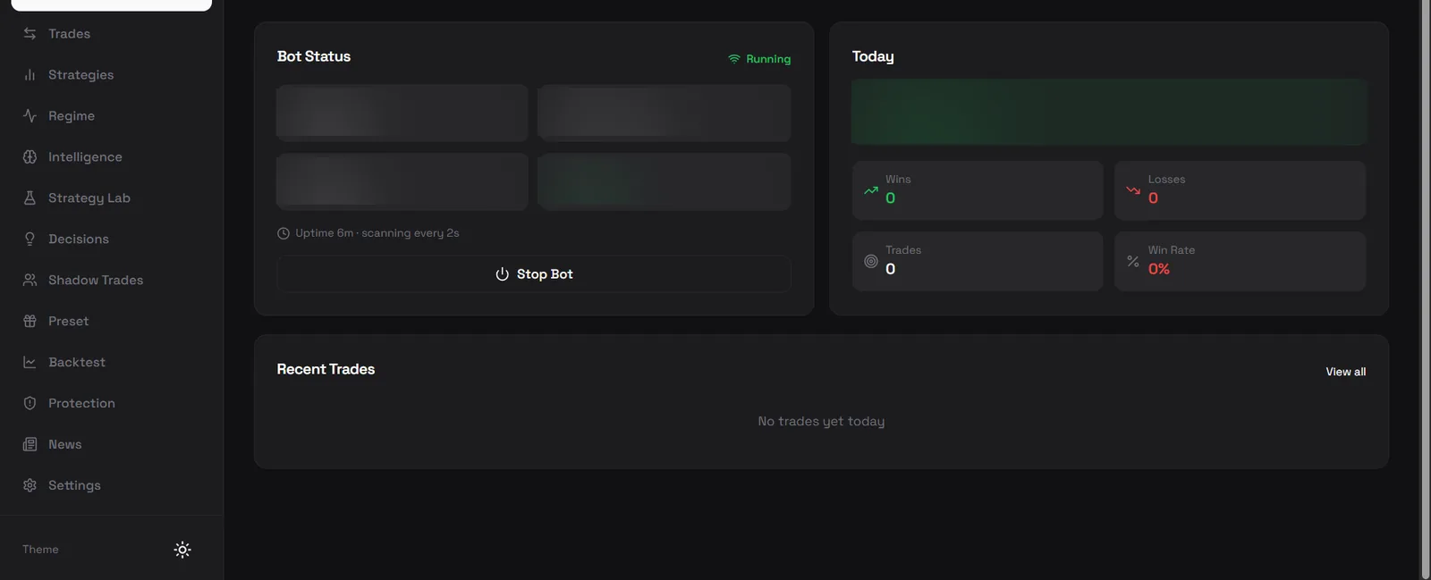 Web dashboard showing bot status, uptime, today's trade summary and a stop control