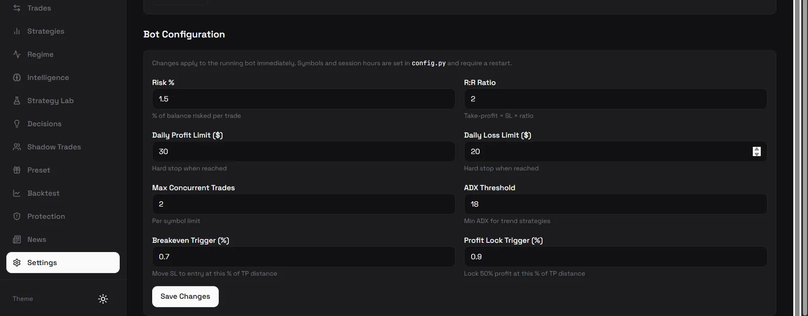 Settings screen with risk percentage, reward-to-risk, daily limits, concurrent trade cap and ADX threshold