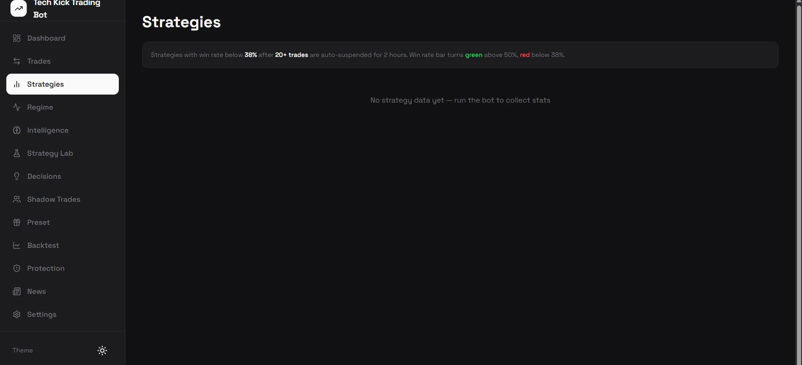 Strategies screen explaining the automatic suspension rule for underperforming strategies